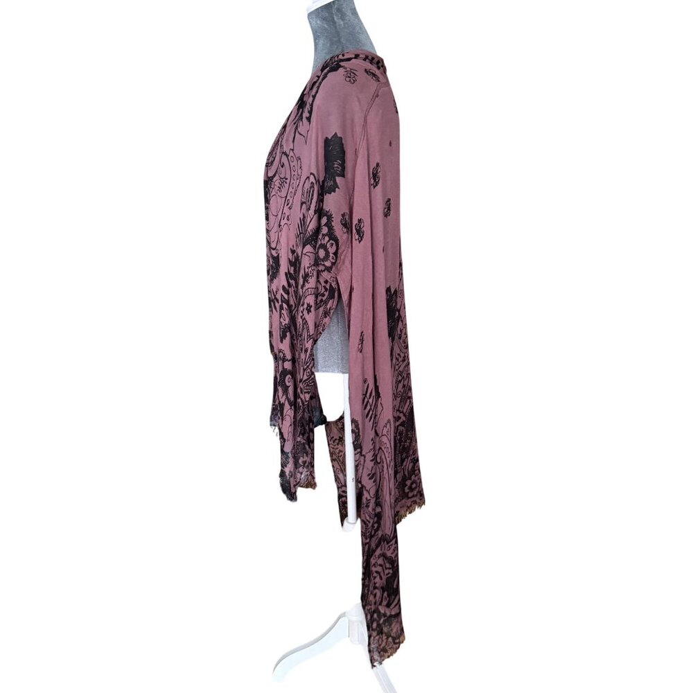 Free People Bohemian Paisley Floral Kimono Cardigan With Fringe Hem In Mauve & B - Picture 5 of 7